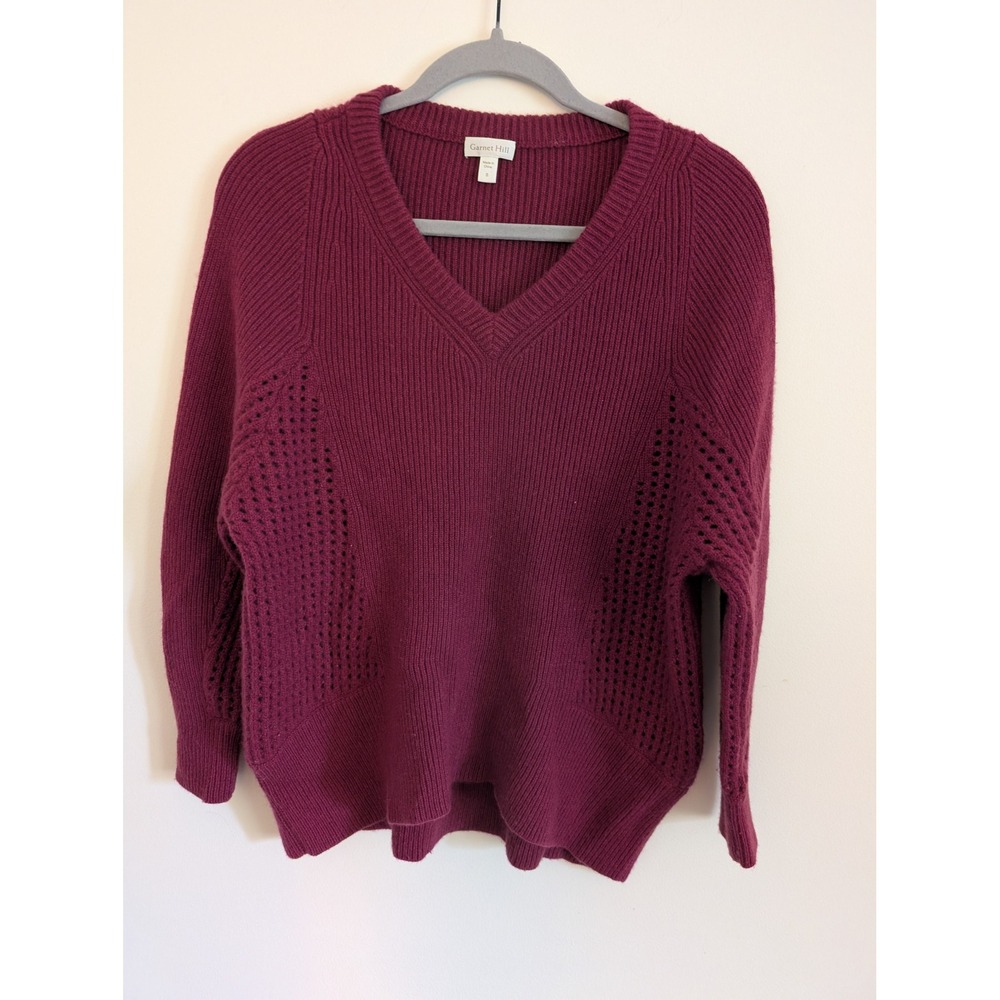 Garnet Hill Womens 100% Cashmere Ribbed Pointelle Sweater Burgundy Small